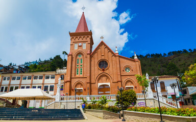 Obraz premium Montebello, Antioquia, Colombia. November 14, 2020. The Church of Nuestra Señora de las Mercedes is a Colombian temple of Catholic worship. 