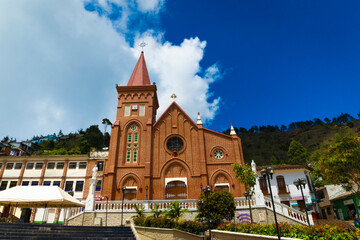 Fototapeta na wymiar Montebello, Antioquia, Colombia. November 14, 2020. The Church of Nuestra Señora de las Mercedes is a Colombian temple of Catholic worship. 