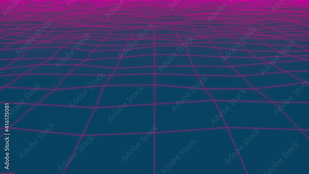 Poster wavy neon grid, computer generated. 3d rendering backdrop of retro style