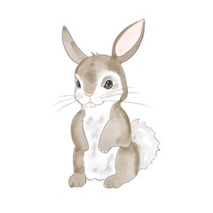 Cute little white cartoon hare. easter bunny with eggs. Happy easter