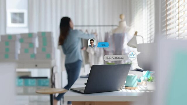 Chatbot conversation on laptop screen app interface with artificial intelligence technology providing virtual robotic assistant customer support and information for small business SME B2C concept.