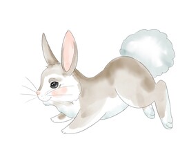 Cute little white cartoon hare. easter bunny with eggs. Happy easter