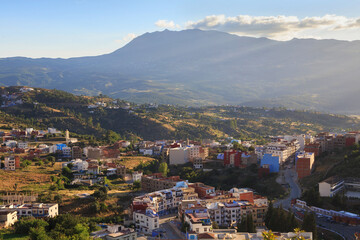 View of the suburb quarter of Chefchaouen, Morocco. The city, also known as Chaouen is noted for its buildings in shades of blue and that makes Chefchaouen very attractive to visitors.