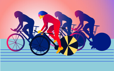 The group of cyclists at sunset or sunrise training or participating in some championship. Vector illustration in minimalist style
