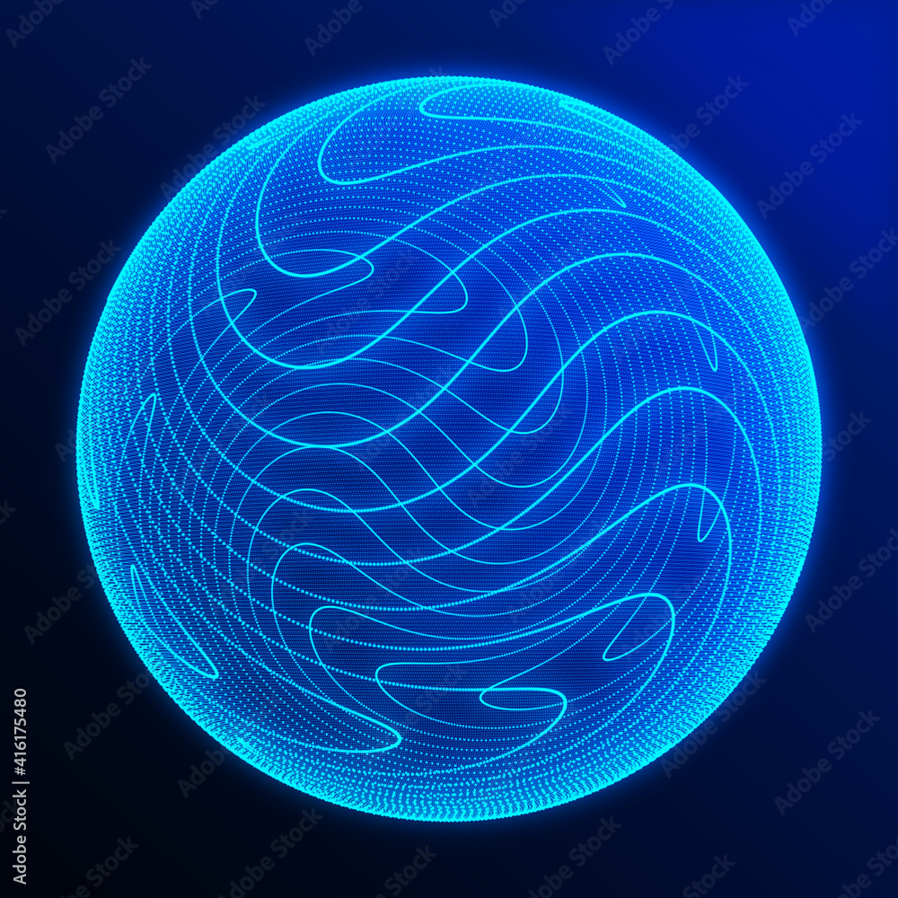 Poster network analysis sphere abstract. artificial intelligence analytics. glowing lines twisting. futuris