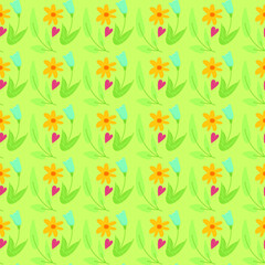 Seamless pattern background with spring floral elements in simple flat hand drawn style in line. Cute vector background. Flowers, hearts. Easter, 8 march wallpaper, textile design, digital paper.
