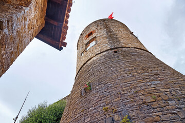 View of the tower of the Fortress of Bergamo (Rocca di Bergamo in Italian). Construction 1331-1336....