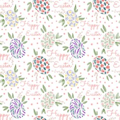 Seamless pattern with flowers, rabbits and Easter eggs