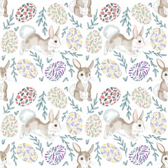 Seamless pattern with flowers, rabbits and Easter eggs
