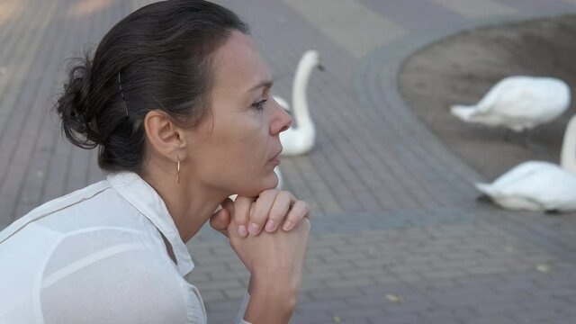 Woman in depression in the park. Sad woman on a park bench looks at the swans.