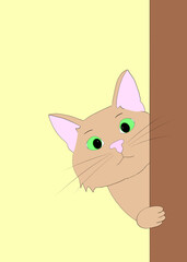 Illustration hand drawn cartoon cat peaking around a brown doorway, one paw on the door looking at viewer with wide eyes huge pupils. Humorous animal antics.