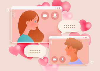 Online date via application, two people chatting via video call platform. Vector flat illustration.