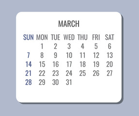 March year 2021 monthly minimalist calendar