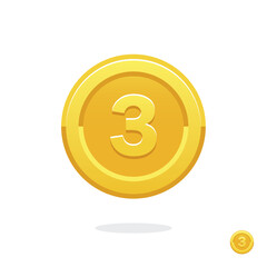 First place. Second place. Third place. Golden medal. Coin icon. Vector money symbol. Bank payment symbol. Golden coin. Achievement badge. Reward badge. Tokens with numbers. 1st, 2nd, 3rd places award