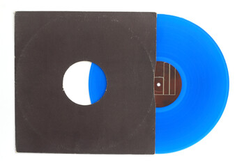 Aged black paper cover and blue vinyl LP record isolated on white background