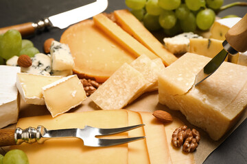 Composition with different sorts of cheese and knives on parchment, closeup
