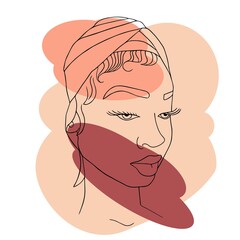 Abstract woman head in turban one line drawing. Portrait minimalistic style. Modern abstract face with abstract shapes. Minimalism concept. Line art drawing style. Contemporary silhouette of woman