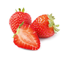 Delicious cut and whole strawberries on white background