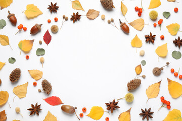 Flat lay composition with autumn leaves and space for text on white background