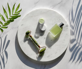Jade face roller and herbal infusion for facial massage therapy. Flat lay on round marble podium on...