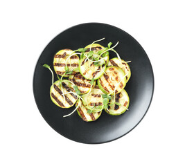 Delicious grilled zucchini slices and microgreens on white background, top view