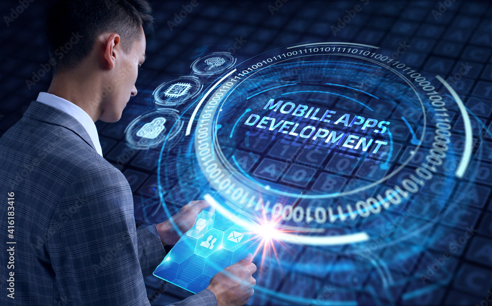 Poster inscription mobile apps development on the virtual display. cloud technology concept.