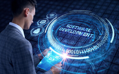 Inscription Software Development on the virtual display. Business, modern technology, internet and...