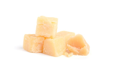 Pieces of delicious parmesan cheese on white background