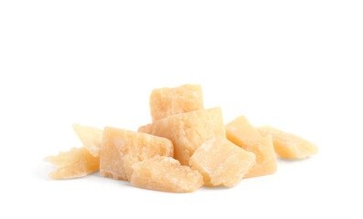 Pieces of delicious parmesan cheese on white background
