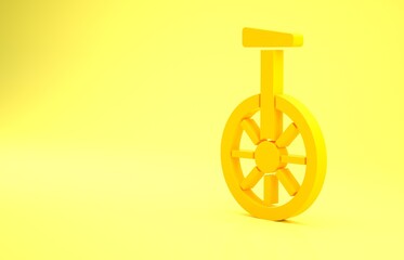 Yellow Unicycle or one wheel bicycle icon isolated on yellow background. Monowheel bicycle. Minimalism concept. 3d illustration 3D render © Oksana