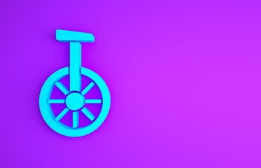 Blue Unicycle or one wheel bicycle icon isolated on purple background. Monowheel bicycle. Minimalism concept. 3d illustration 3D render © Oksana