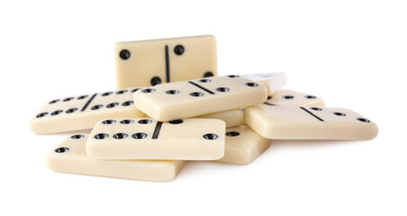 Pile of classic domino tiles on white background