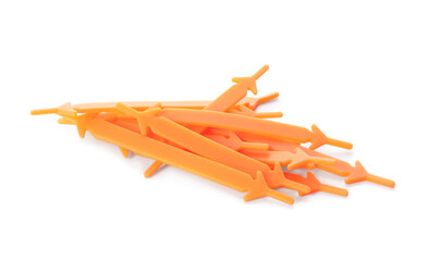 Orange silicone shoe laces on white background