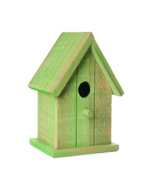 Obraz na płótnie Canvas Beautiful green wooden bird box isolated on white