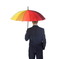 Businessman with rainbow umbrella on white background, back view
