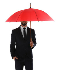 Businessman with red umbrella on white background