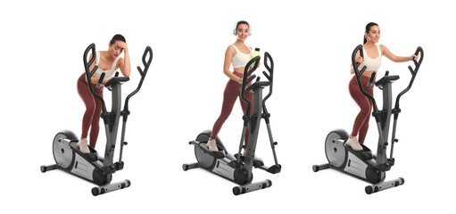 Woman using modern elliptical machine on white background, collage. Banner design