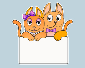 Ginger cats holding a sign with copy space for your text - vector full color sticker. A couple of funny cats with a sign - a sticker for signing gifts or other items.