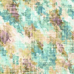 Rustic mottled linen woven texture. Seamless printed fabric pattern. Tropical pastel coastal style. Interior textile background. Mottled colorful peach green dye stains. Soft rustic summer home decor
