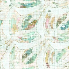 Rustic mottled linen woven texture. Seamless printed fabric pattern. Tropical pastel coastal style. Interior textile background. Mottled colorful peach green dye stains. Soft rustic summer home decor

