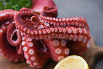 Octopus food cooked salad seafood squid cuttlefish, Boiled octopus tentacles with lemon on cutting board