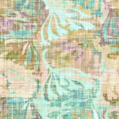 Rustic mottled linen woven texture. Seamless printed fabric pattern. Tropical pastel coastal style. Interior textile background. Mottled colorful peach green dye stains. Soft rustic summer home decor
