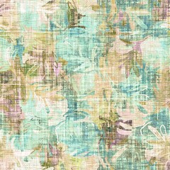 Fototapeta premium Rustic mottled linen woven texture. Seamless printed fabric pattern. Tropical pastel coastal style. Interior textile background. Mottled colorful peach green dye stains. Soft rustic summer home decor 