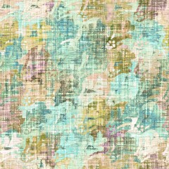 Rustic mottled linen woven texture. Seamless printed fabric pattern. Tropical pastel coastal style. Interior textile background. Mottled colorful peach green dye stains. Soft rustic summer home decor

