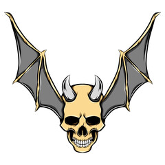 The evil head skull with the iron horns and golden bat wings