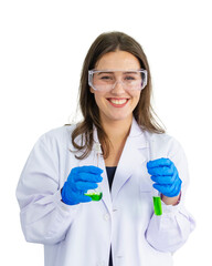 female scientist wearing safety glasses poured chemicals into a test tube