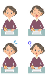 書類に記入するシニアの女性の様々な表情
