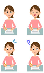 書類に記入する女性の様々な表情
