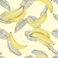 Poster Fruit seamless pattern, Cavendish bananas with leaves on bright yellow © momosama