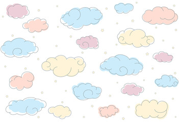 Color seamless pattern with simple doodle clouds and little stars.
